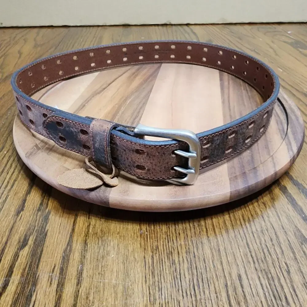 Hawx Work Belt Mens 36 Brown Leather Full Grain Double Prong Distressed Workwear